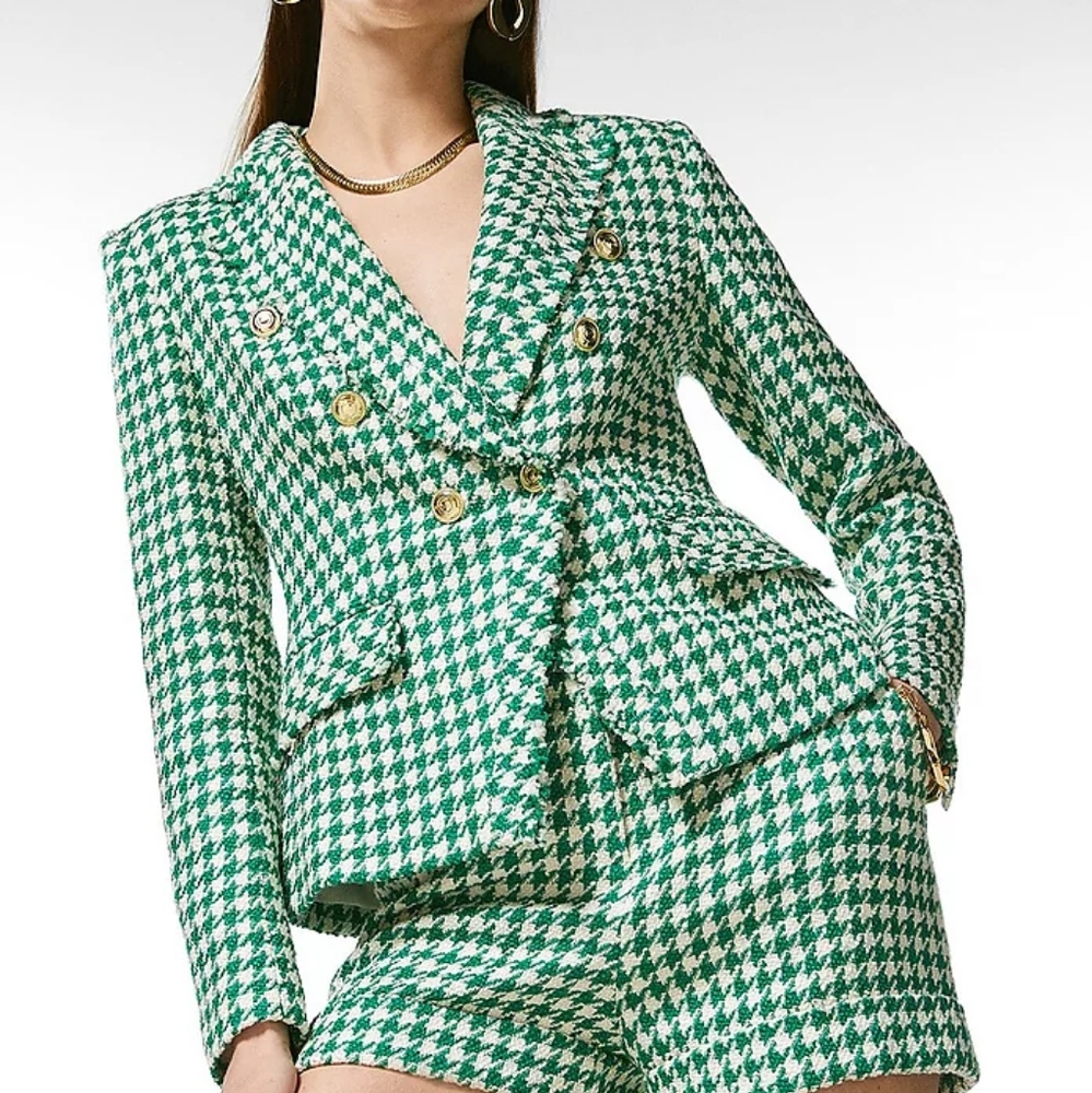 Karen Millen set blazer& Skirt houndstooth golden buttons green/off white size 8